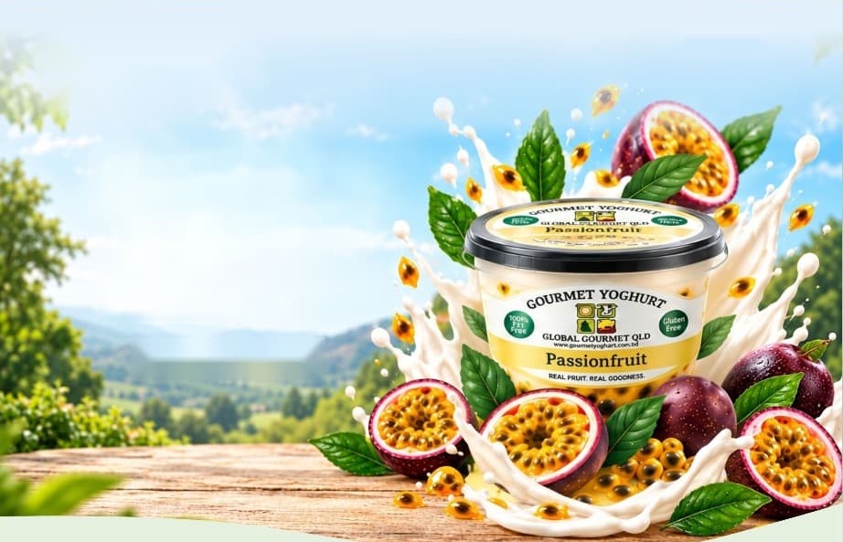 Passionfruit gourmet yoghurt in a splash of milk and fresh passionfruit